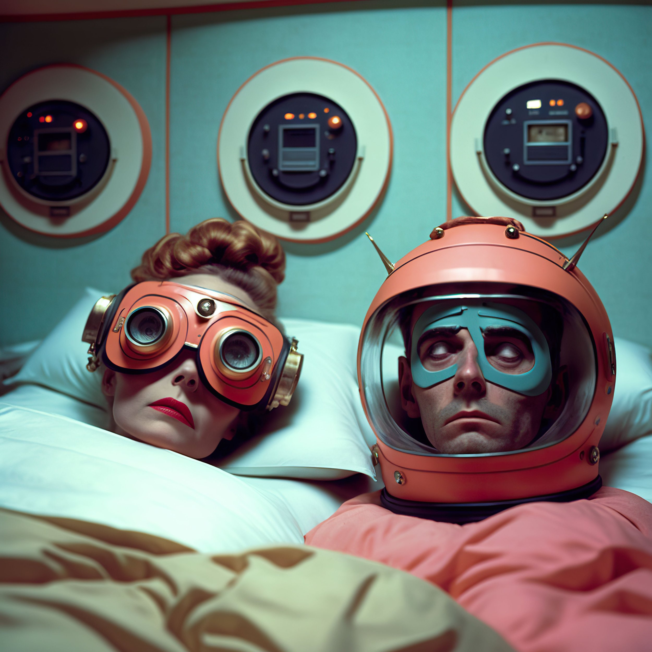 ai art photograph of couple sleeping with dream machine equipment on